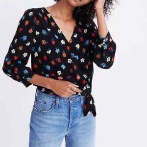 Madewell Floral Wrap Blouse Top | Black/Multi | Size XS